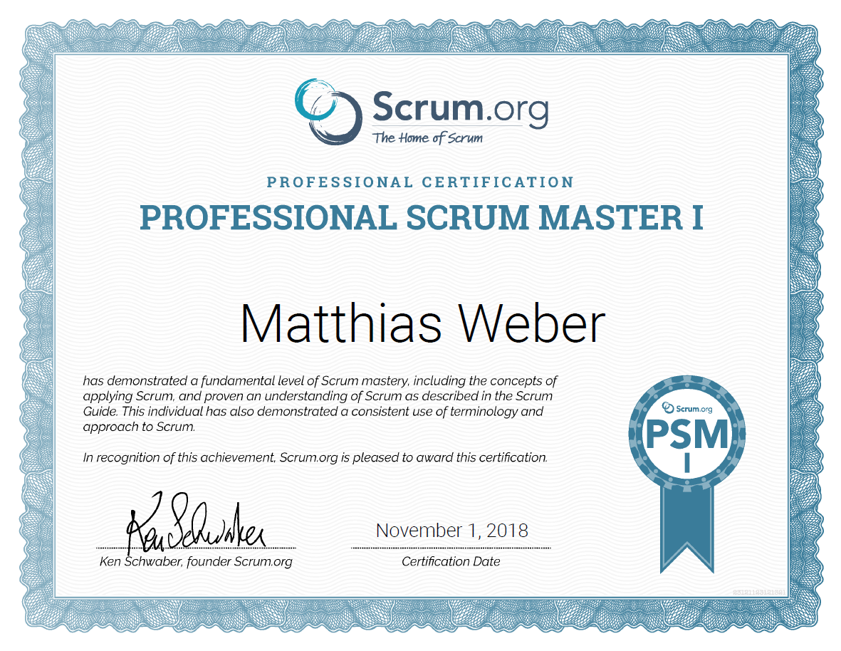 Professional Scrum Master I Zertifikat für MatthiasWeber